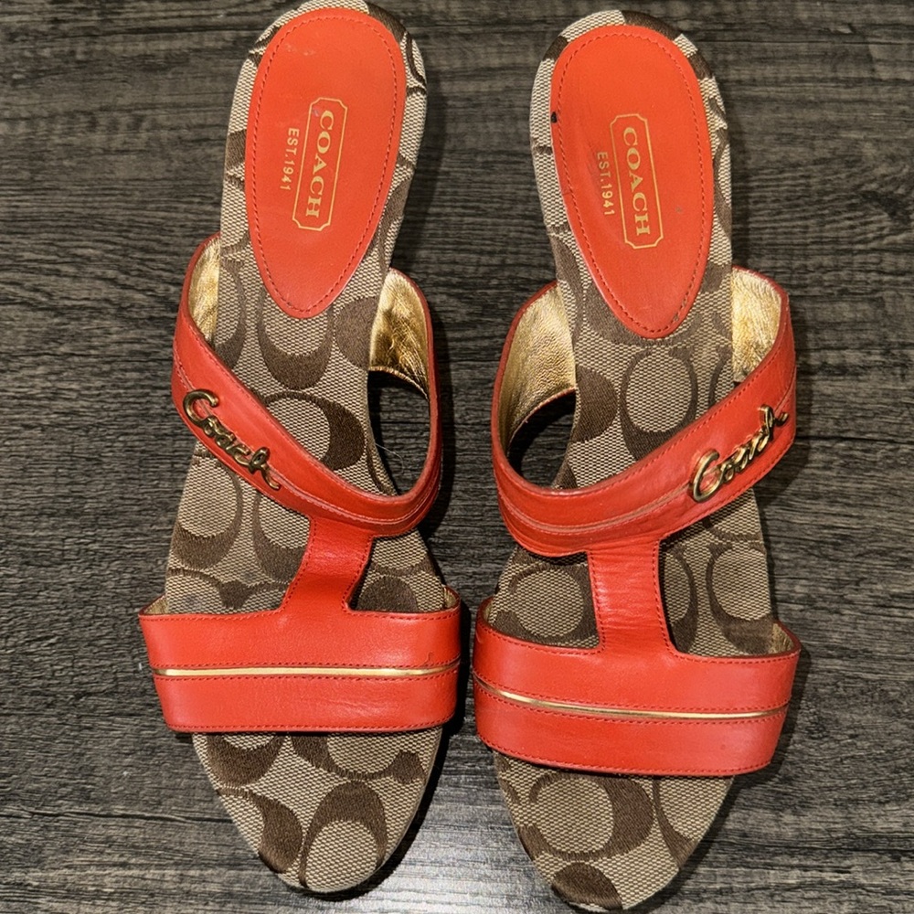 Coach Jonah Wooden Platform Heel - Tan and Orange with Gold Accent